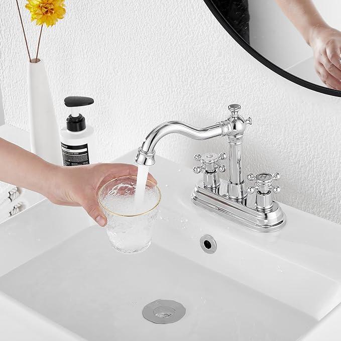 Chrome Bathroom Faucet GGStudy 2 Handles 4 Inches Centerset Bathroom Vanity with Drain Assembly and Supply Hose Lavatory Faucet Mixer Double Handle Tap - ModernBath
