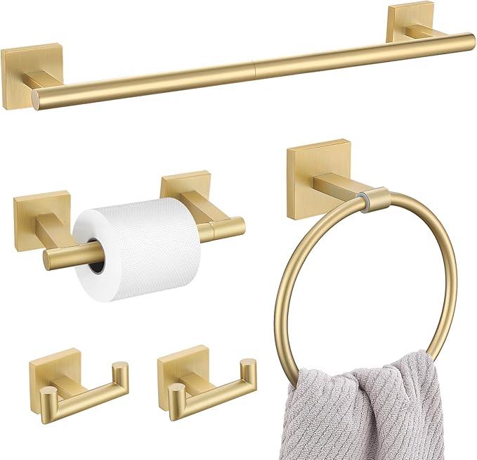 Brushed Gold Bathroom Hardware Set, 5-Piece Bath Towel Bar Set with 23.6” Towel Bar, Towel Ring, Toilet Paper Holder, Two Hooks, SUS304 Towel Racks for Bathroom Wall Mounted - ModernBath