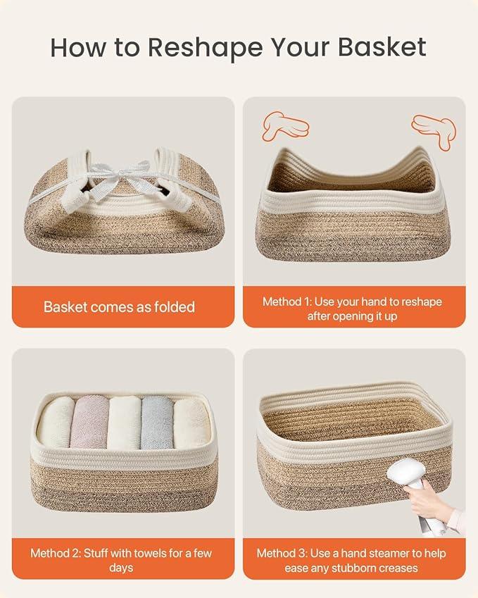 Small Woven Basket, 13.5 x 9.5 x 5 Inches, Storage Basket for Organizing, Cute Small Rope Shelf Closet Cube Storage Bins Baskets for Shelves, Dog Toy Gift Baskets Empty, 3 Pack Gradient Brown - ModernBath