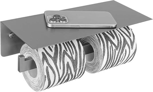APLusee Gunmetal Gray Double Toilet Paper Holder with Shelf, 304 Stainless Steel Bathroom Tissue Roll Holder, Wall Mounted Paper Dispenser for Bathroom Kitchen, Fits Mega Rolls - ModernBath