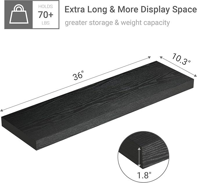 Black Floating Shelves for Wall 10 inch Deep, 36” x 10.3” x 1.8”, Large Wall Shelves for Bedroom, Bathroom, Living Room, Kitchen, Office, Modern Shelf Home Decor with Invisible Bracket - ModernBath