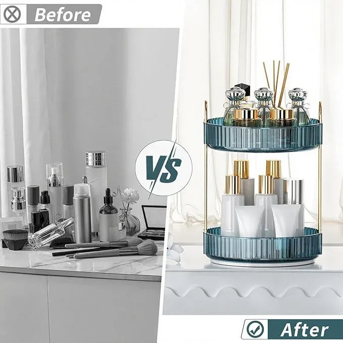 INVSSENE 360° Rotating Makeup Organizer, Bathroom Organizers and Storage Holder Rack, Large Capacity Vanity Shelf Countertop, Fits Cosmetics, Perfume, Skin Care(Blue, 2 Tiers) - ModernBath
