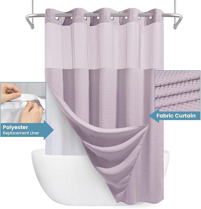 EUTXL Lavender Long No Hook Shower Curtain with Snap in Liner,230GSM Waffle Weave Shower Curtains for Bathroom,71W x 86H - ModernBath