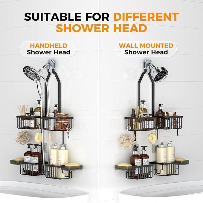 REINHARDT Aluminum Shower Caddy Hanging Adjustable Shower Caddy, Rustproof Hanging Shower Organizer with Hooks Soap Holders, Over Shower Head Caddy for Handheld Showerhead, Black - ModernBath
