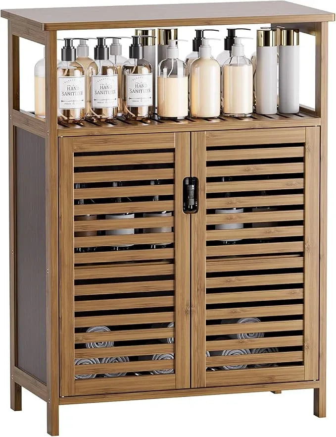 HITNET Walnut Bathroom Floor Cabinet, Bamboo Side Tall Storage Organizer, Freestanding Kitchen Cupboard with Door and Shelf - ModernBath