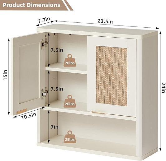 LEYAOYAO Rattan Bathroom Wall Cabinet, Boho Medicine Cabinet with Adjustable Shelve & Doors, Over The Toilet Storage Cabinets Organizer for Laundry Room, Kitchen, Living Room, White
