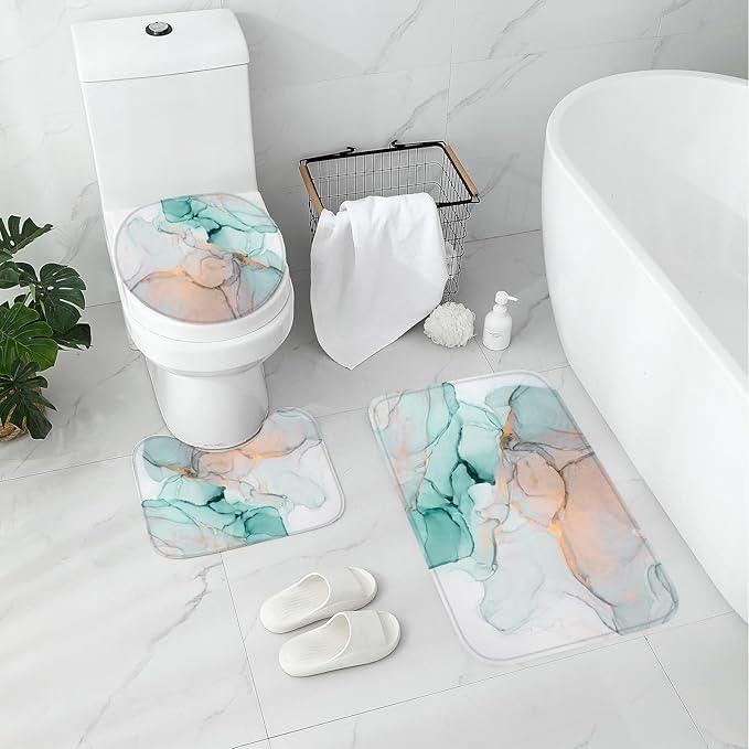 Gibelle 4 Pcs Bathroom Shower Curtain Set with Non-Slip Rugs, Toilet Lid Cover and Bath Mat, Grey Teal Marble Bathroom Decor Set with Shower Curtain and Rugs and Accessories - ModernBath