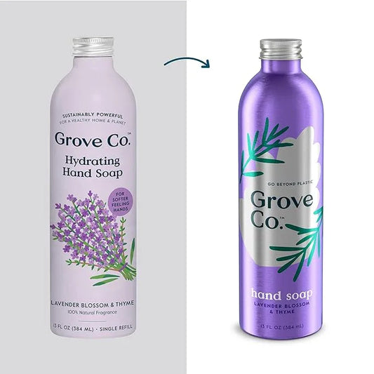 Grove Co. Hydrating Gel Hand Soap Refills (2 x 13 Fl Oz) + 1 x Reusable Glass Soap Dispenser, Plastic-Free & Liquid Refillable Starter Kit, Natural Lavender Blossom & Thyme Fragrance - ModernBath