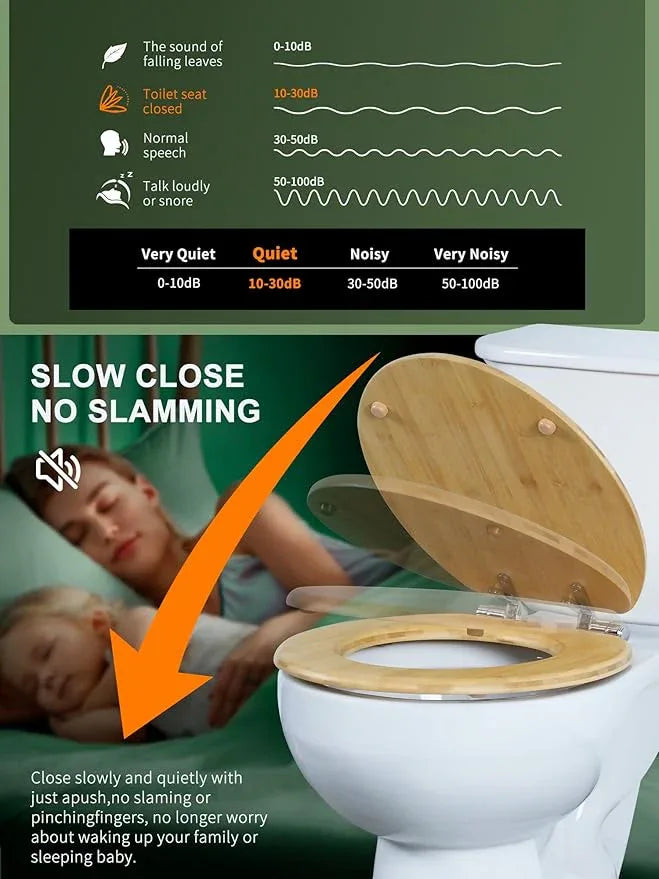 Angol Shiold ROUND Bamboo Wood Toilet Seat Soft Close Zinc Alloy Strong Hinges, Light, Easy to Install & Clean, Up to 400 lbs (Elongated 16.5", Natural Bamboo) - ModernBath