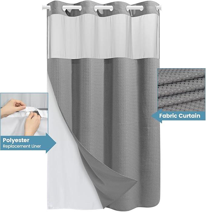 EUTXL Stall No Hook Shower Curtain with Snap in Liner,230GSM Waffle Weave Shower Curtains for Bathroom,60W x 74H,Grey - ModernBath