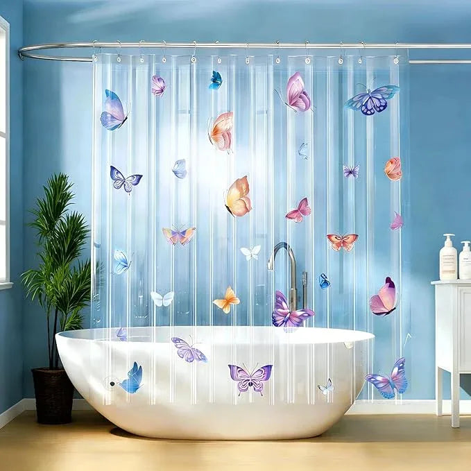 CAPQL Clear Butterfly Shower Curtain Liner, Colorful Plastic Transparent Pretty Shower Curtains for Bathroom, 72x72 Weighted Magnetic Shower Curtain Set with 12 Hooks - ModernBath