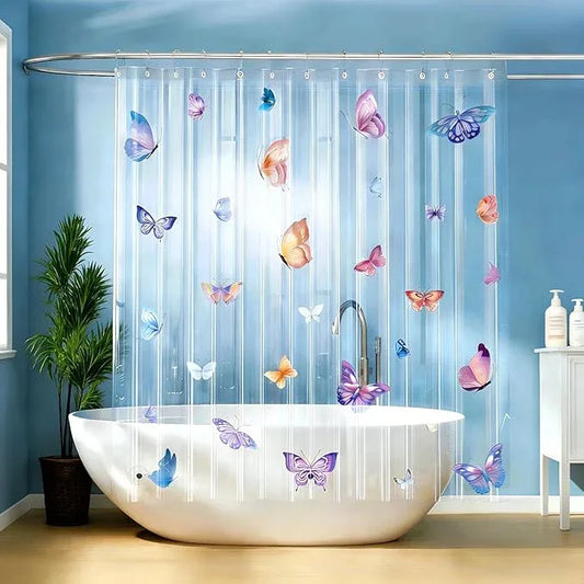 CAPQL Clear Butterfly Shower Curtain Liner, Colorful Plastic Transparent Pretty Shower Curtains for Bathroom, 72x72 Weighted Magnetic Shower Curtain Set with 12 Hooks - ModernBath