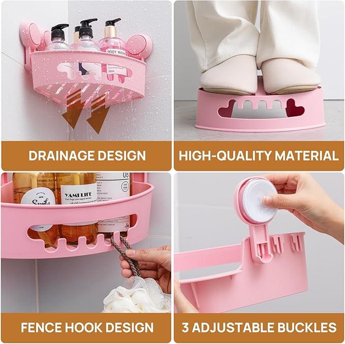 LEVERLOC Corner Shower Caddy Suction Cup, Powerful Suction Bathroom Shower Shelf, Waterproof and Rustproof Organizer for Bathroom Storage and Kitchen, No-Drilling Removable, Pink - ModernBath