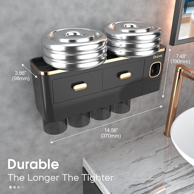 iHave Toothbrush Holders Wall Mounted with Toothpaste Dispenser & 4 Cups - Luxury Black and Gold Design for Bathroom Decor, All-in-One Bathroom Organizers & Storage for Toothbrushes and Accessories - ModernBath
