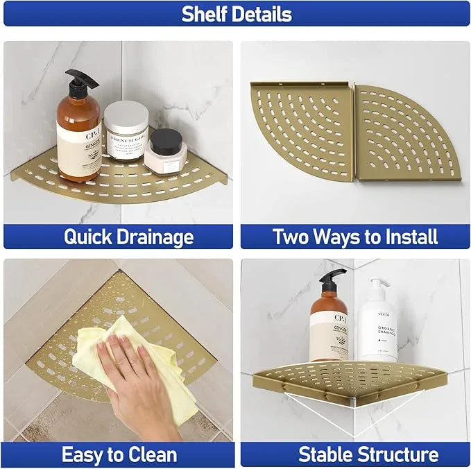 2 Pack Corner Shower Shelves 304 Stainless Steel Shower Corner Shelf Brushed Gold Bathroom 8 in Prevent Rust Drilling Installation - ModernBath