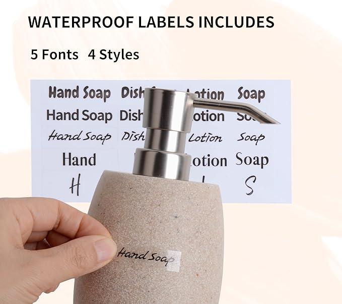 Clasin Home Sandstone Textured Resin Soap Dispenser with Metallic Pump and Waterproof Bottle Labels for Bathroom Kitchen Dish Hand Wash Shower Lotion Shampoo, 12 Oz, Beige - ModernBath