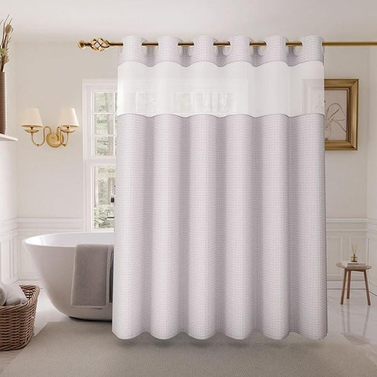 Inhousolu No Hook Shower Curtain with Snap in Fabric Liner Set Waffle Weave 230GSM Weighted Hem, Waterproof & Washable Bathroom Curtain Spa Luxury with Mesh Top Window 72" W x 72" L White - ModernBath