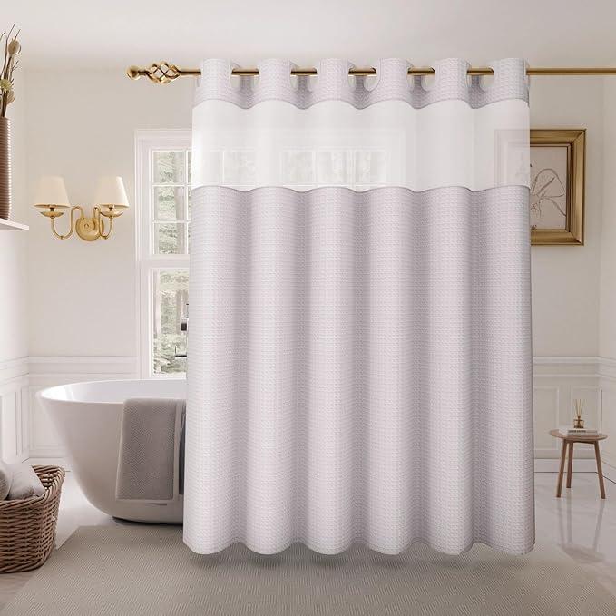 Inhousolu Stall No Hook Shower Curtain with Snap in Fabric Liner Set Waffle Weave 230GSM Weighted Hem, Waterproof & Washable Bathroom Curtain Spa Luxury with Mesh Top Window 36" W x 72" L White - ModernBath