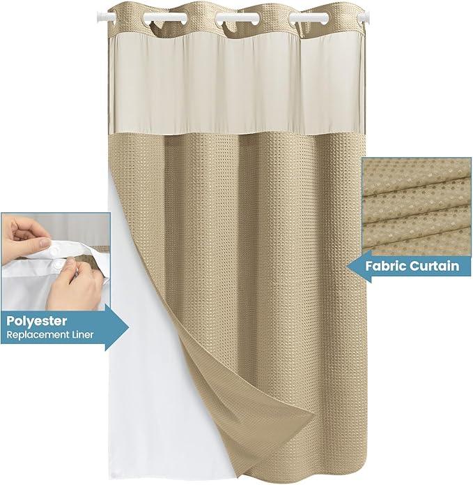 EUTXL Beige Stall No Hook Shower Curtain with Snap in Liner,230GSM Waffle Weave Shower Curtains for Bathroom,54W x 80H - ModernBath
