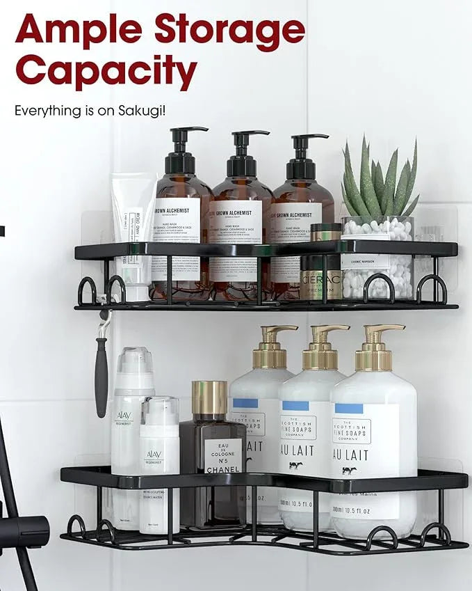 Corner Shower Caddy - 2 Pack, Adhesive Shower Organizers, Rustproof Stainless Steel Shower Shelves with 8 Hooks, No Drilling Bathroom Organizers and Storage Racks, Space-Saving, Black,Medium - ModernBath