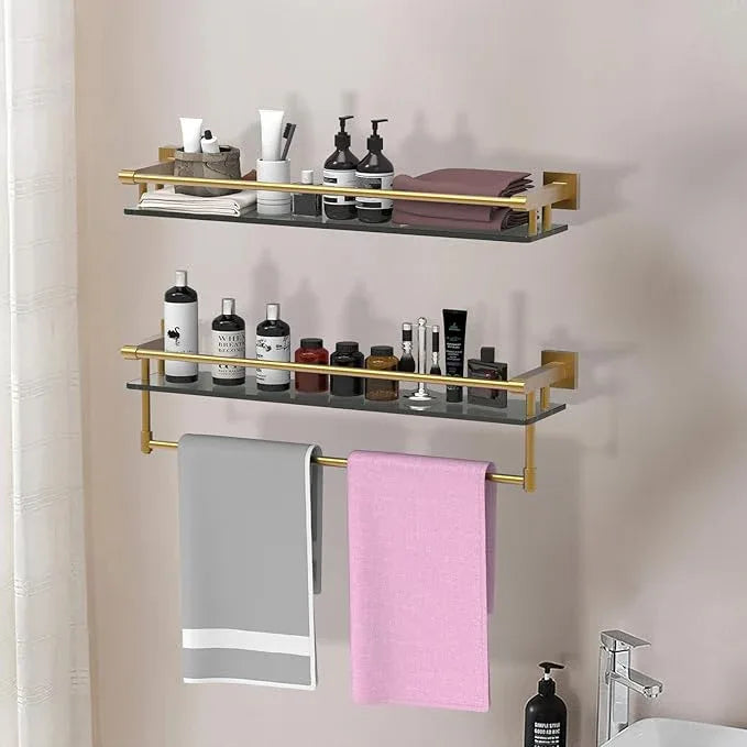 Bathroom Glass Shelf with Towel Bar/Rack 24 inches Wall-Mounted Shelves Tempered Glass Sink Toilet Organizer Shower Towel Decorative Storage (Polished Gold Finish) - ModernBath