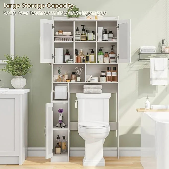 Over The Toilet Storage Cabinet, Bathroom Over Toilet Storage Organizer with Barn Doors and Paper Holder Stand Farmhouse Space Saving Rack Cabinet with Adjustable Shelves for Bathroom, Laundry (White) - ModernBath
