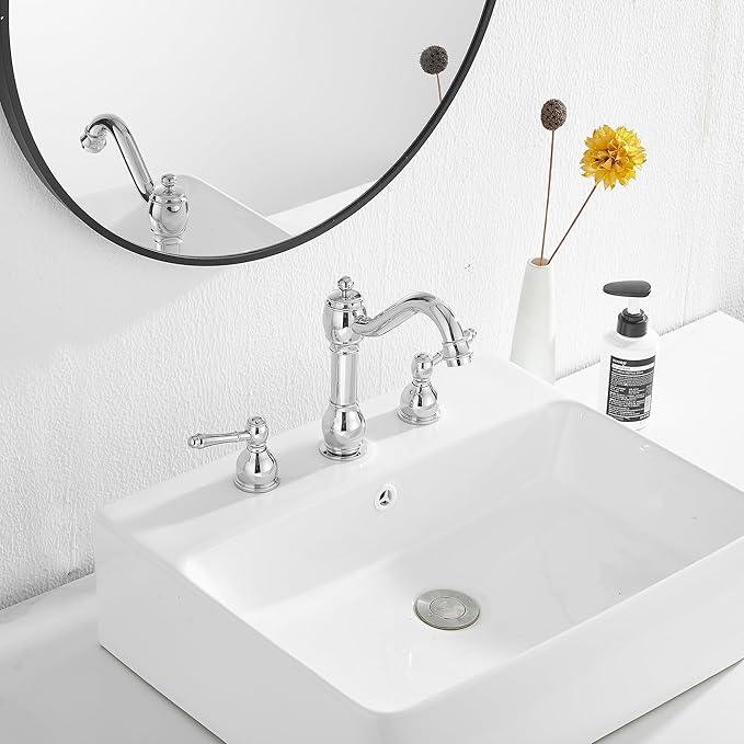 GGStudy 2 Handles 3 Holes Faucet Widespread Bathroom Sink Faucet Basin Tap Mixer Supply Hose Included Matching Pop Up Drain Polished Chrome - ModernBath
