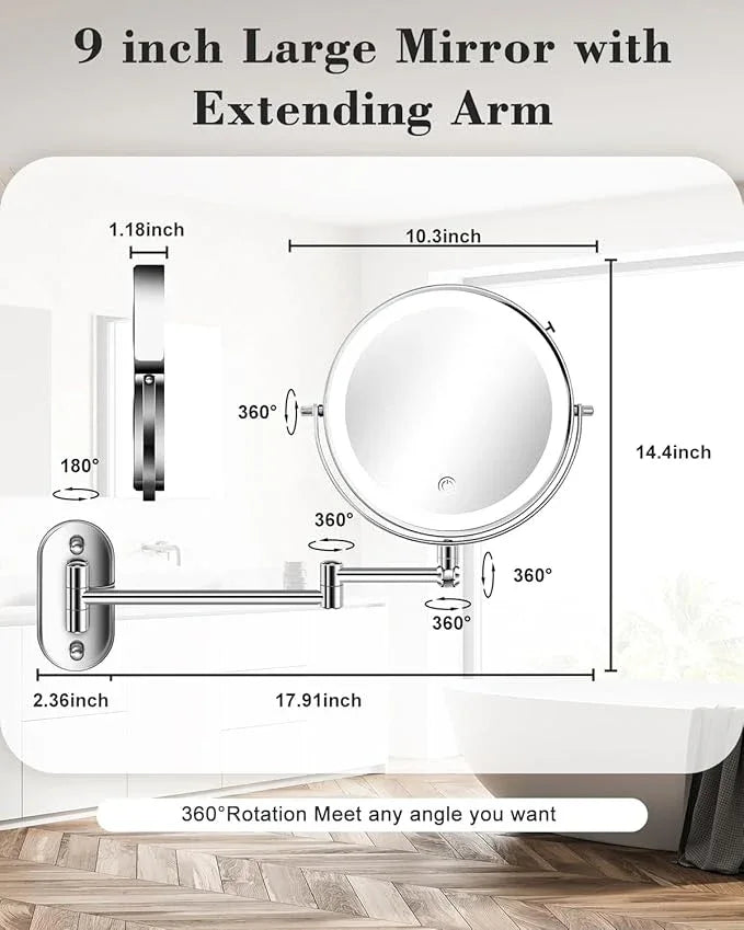 vpu 9" Wall Mounted Makeup Mirror with Light, 20X/1X Height Adjustable Double Sided Magnifying Bathroom Lighted Mirror, 3 Color Touch Dimmable Extended Arm 360 Rotation Light up Magnification Mirrors - ModernBath