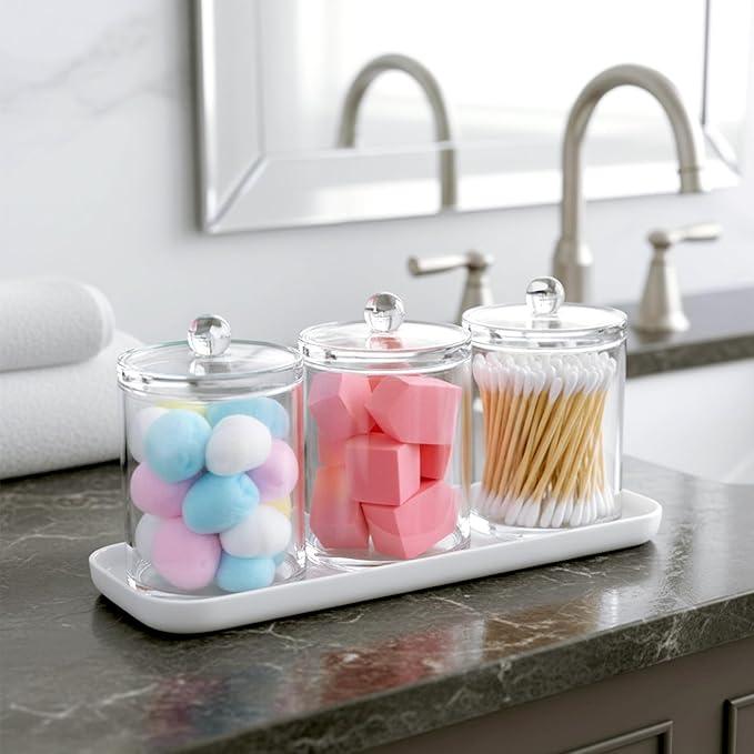 Amazing Abby - Catalina - Clear Acrylic Bathroom Canister with White Tray (4-Piece Set), Plastic Apothecary Jars with Lids, Bathroom Organizers for Q-tips, Cotton Balls, Floss Picks, Sponges, and More - ModernBath