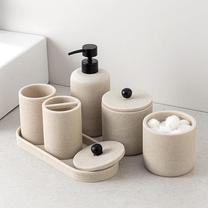 Haocoott Bathroom Accessories Set, 6 PCS Modern Bathroom Accessory Set with 15.2 OZ Soap Dispenser, Toothbrush Holder, Vanity Tray, Tumbler, 2 PCS Qtip Holders (Beige) - ModernBath
