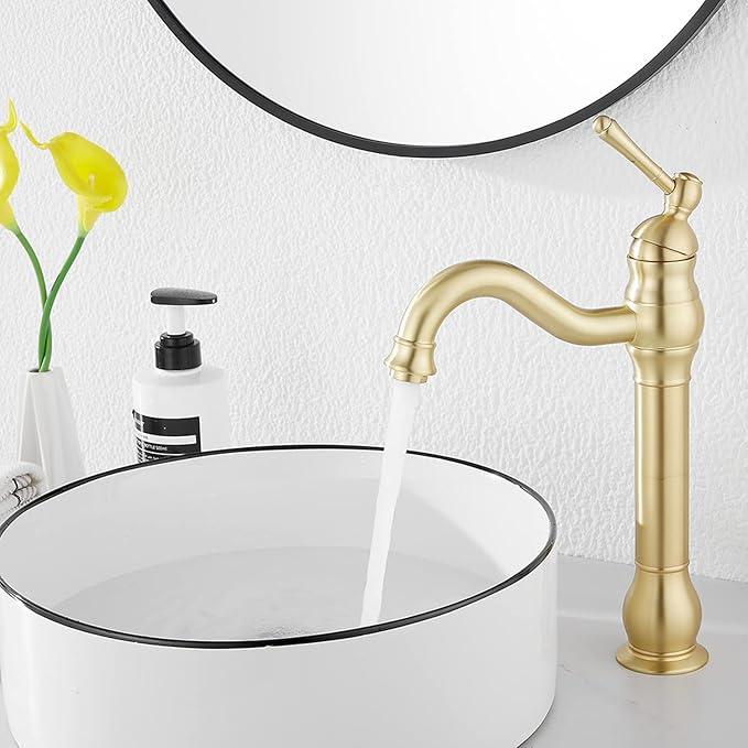 GGStudy 360 Swivel Single-Handle One Hole Vessel Sink Faucet with Matching Pop Up Drain - Brushed Gold Farmhouse Bathroom Vanity Faucet - ModernBath