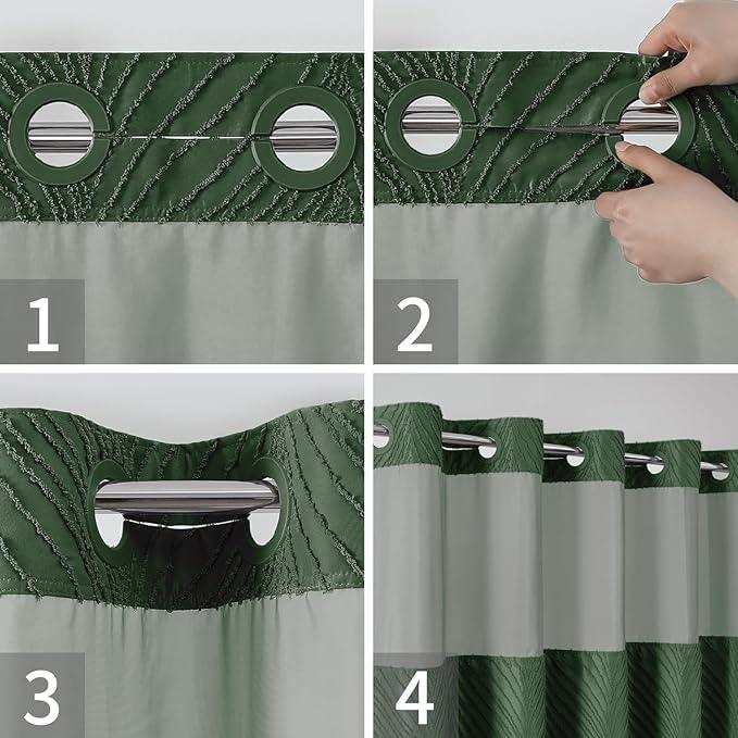 No Hook Shower Curtain and Liner Set,No Hook Tufted Striped Textured Shower Curtain with Snap in Liner Replacement and Waterproof Fabric,Boho Style with See Through Top Window,DarkGreen,71Wx74H - ModernBath