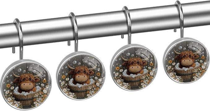 Rural Farmhouse Bathing Highland Cow Shower Curtain Hooks, 12Pcs Decorative Rust Resistant Shower Rings for Shower Curtain Rods, Stainless Steel Round Curtain Hooks for Bathroom, Bedroom - ModernBath