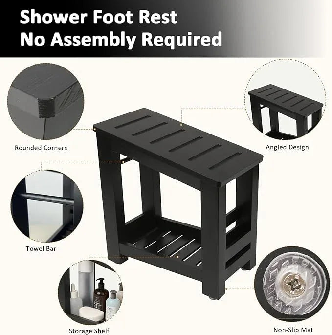 Forest Manor Bamboo Shower Foot Rest Stool for Shaving Legs & Pedicure, Non-Slip Bathroom Foot Step with Storage Pocket, Solid & Water-Resistant,Natural (Black) - ModernBath