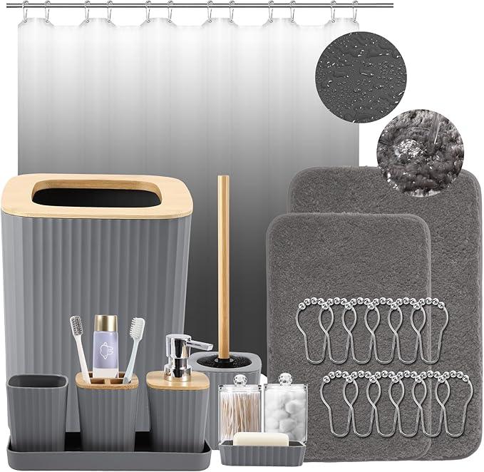 XLHOMO Bathroom Accessory Set–Bathroom Set with Shower Curtain and Rugs, No Slip Bathroom Rugs Super Absorbent, Grey Ombre Waterproof Shower Curtain with Hooks, Gray Bathroom Sets Complete for Home - ModernBath