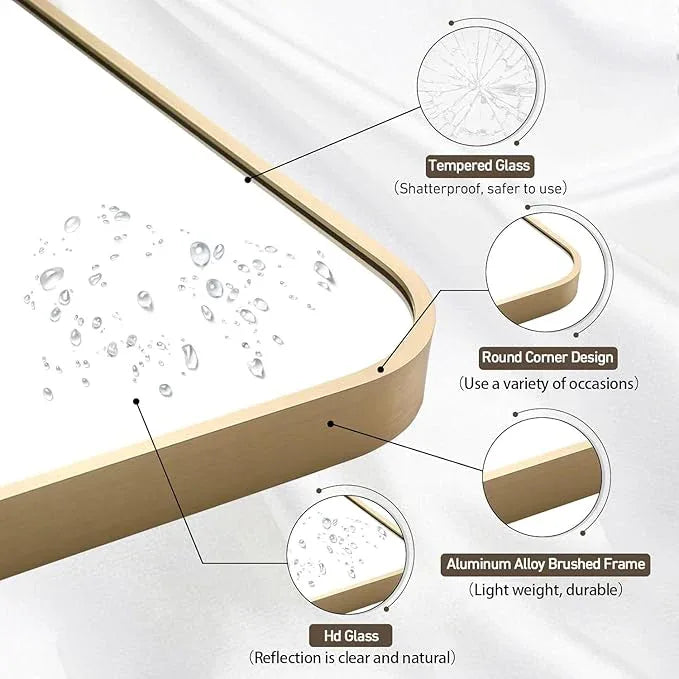 CLBA Gold Mirror, 24x36 Inch Gold Rectangle Mirror, Aluminum Alloy Framed Vanity Mirror, Rounded Rectangle Bathroom Mirror for Over Sink, Anti-Rust Wall Mirror (Horizontally or Vertically) - ModernBath