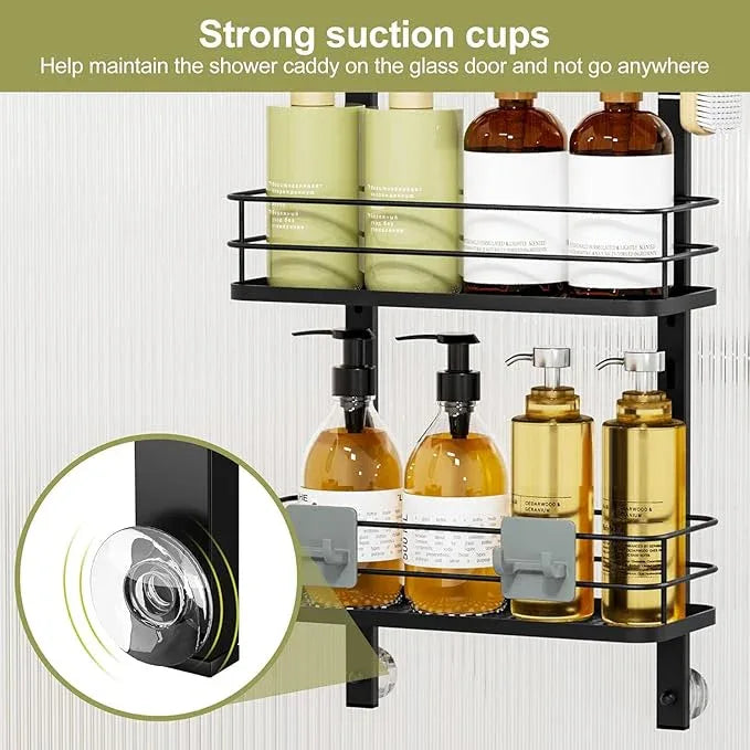 Orimade Adjustable Hanging Over the Shower Door Caddy,Bathroom Organizer Shelf Storage with 4 Hooks for Razor,No Drilling Rustproof Shower Rack Basket, 4 Tier, Matt Black - ModernBath