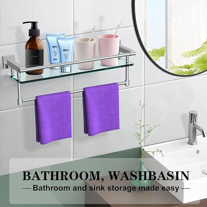 Bathroom Glass Shelf with Towel Rack Organizer Wall-Mounted Bathroom Storage SUS304 Stainless Steel Towel Bar/Track Wall-Mounted Tempered Glass Shelves (Chrome Polished, 20-inch) - ModernBath