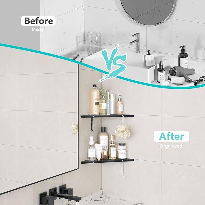 10" Bathroom Corner Shelf, 2 Pack Recessed Shower Shelf Caddy, SUS304 Stainless Steel Shelf Wall Mount Triangular, No Drilling Matte Black - ModernBath