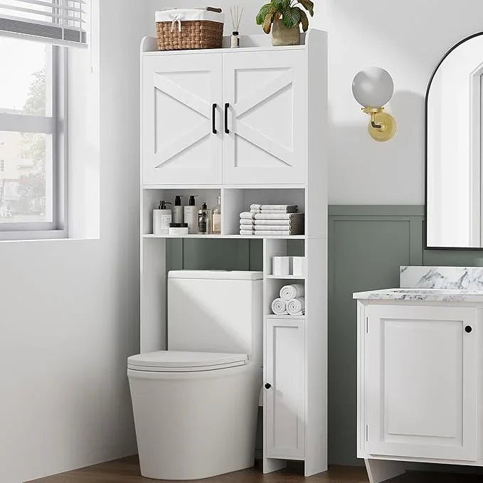 Homhedy Over The Toilet Storage Cabinet with 2 Barn Door and Toilet Paper Holder Stand, FreeStanding Toilet Shelf Space Saver, for Bathroom, Restroom, Laundry, White - ModernBath