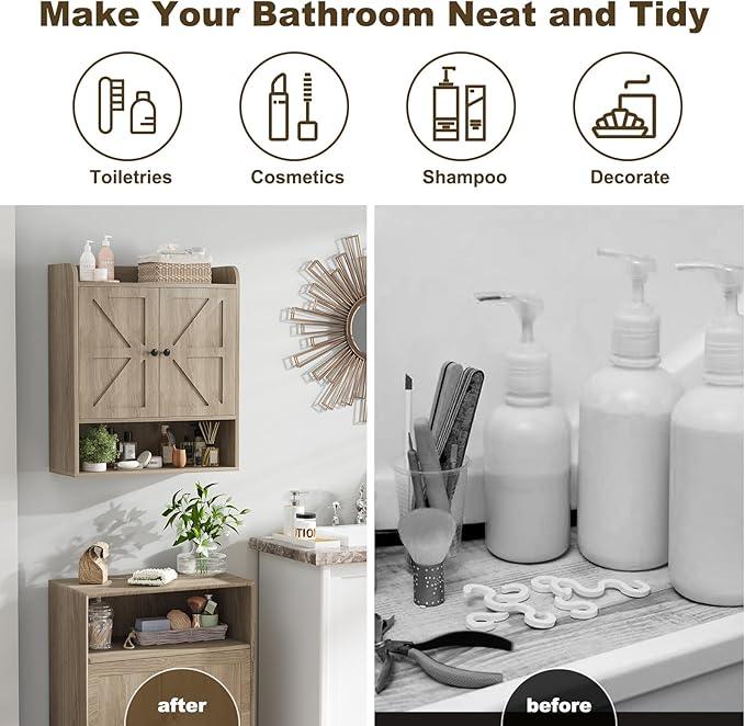 EasyCom 22" W x 26" H Bathroom Wall Cabinet, Farmhouse Medicine Cabinet with Adjustable Shelves and Double Barn Doors, Over The Toilet Storage Cabinet for Bathroom, Kitchen, Living Room, Oak Grey - ModernBath