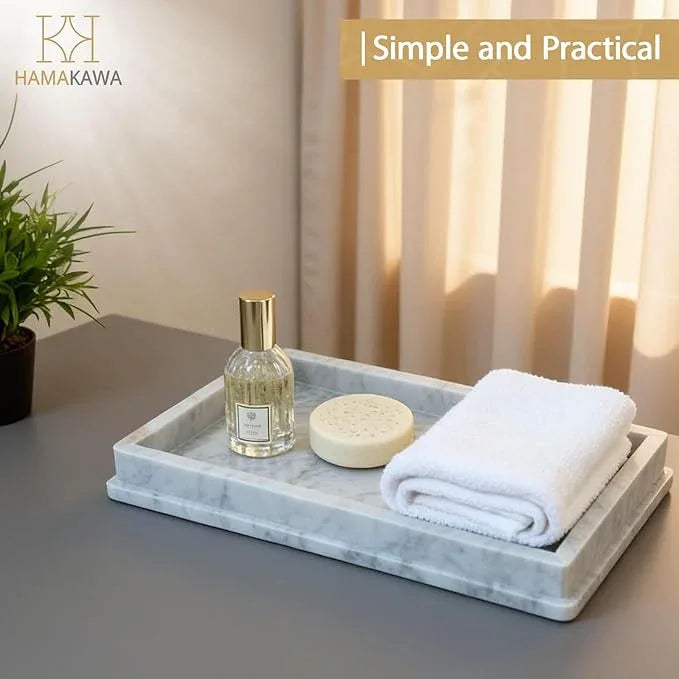 HAMAKAWA Large Natural Marble Bathroom Vanity Tray 12 inch, Carrara White Stone Jewelry Tray, Rectangle Sink Trays, Modern Tank Trays, Countertop Organizer for Soap Dispenser, Kitchen, Home Decor - ModernBath