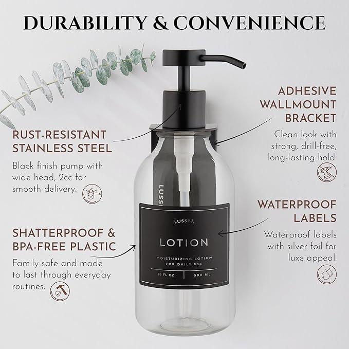 Shampoo & Conditioner Dispenser - Shower Soap Dispenser Wall Mounted - 16.9 Oz Plastic Bottle with Pump & Holder - Shampoo Dispenser - Shower Dispenser Chamber No Drill (1 X Clear/Black) - ModernBath