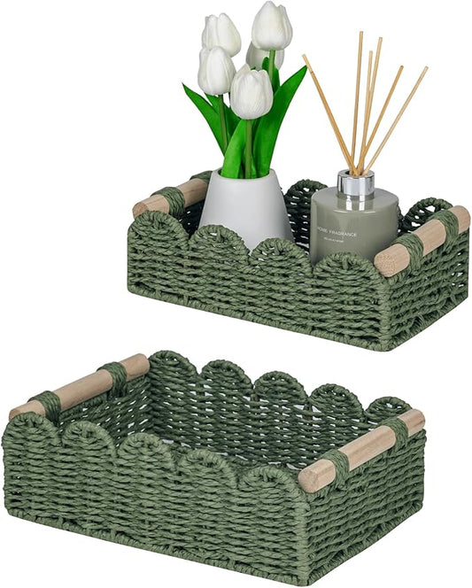 CubesLand Scalloped Edge Decor Baskets for Home, Living Room, Toilet Paper Storage Basket for Over Toilet Shelf, End Table,Shelves and More, Small Paper Rope Baskets Both Storage&Decor, Set 2 Green
