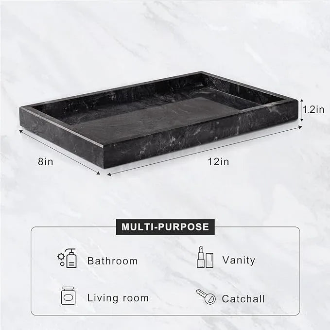 Homaura Marble Bathroom Tray for Countertop & Home Decor, Natural Decorative Marble Tray for Jewelry & Perfume Organizer, Luxury Stone Vanity Trays for Dresser, Kitchen Counter, 12" x 8", Gray Black - ModernBath