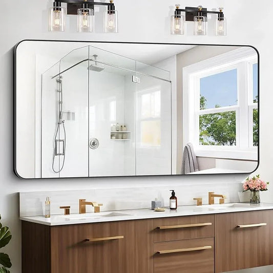 CIVENO Large Bathroom Mirror 72x36 inch, Black Rectangle Mirrors with Metal Frame, Rounded Corner Rectangular Mirror for Bathroom, Oversized Wall Mounted Mirror for Over Sinks Living Room Bedroom - ModernBath