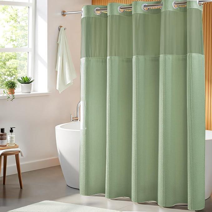 River Dream Sage Green Fabric Shower Curtain Set, Cotton Blend, Waffle Weave, with Snap in Replacement Liner，71 x 74 inches - ModernBath