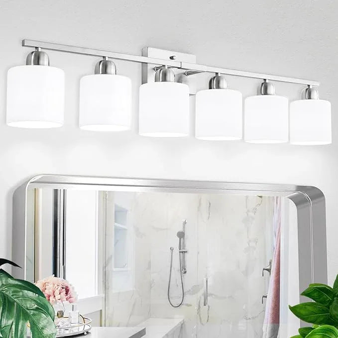 Brushed Nickel Vanity Light for Large Mirror, 6 Light Bathroom Lighting Fixtures Over Mirror with Milky White Frosted Glass Shades, 38 inch Bathroom Light for Mirrors, E26 Socket - ModernBath