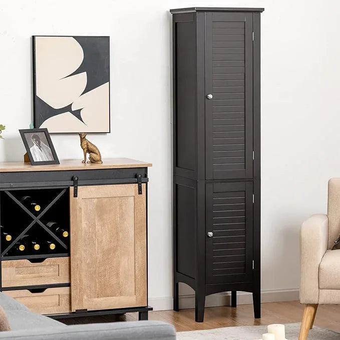 Tangkula Tall Bathroom Storage Cabinet, 5-Tier Wooden Freestanding Tower Cabinet, Narrow Storage Floor Cabinet w/ 2 Doors & Shelves for Bathroom Living Room Kitchen (Black) - ModernBath
