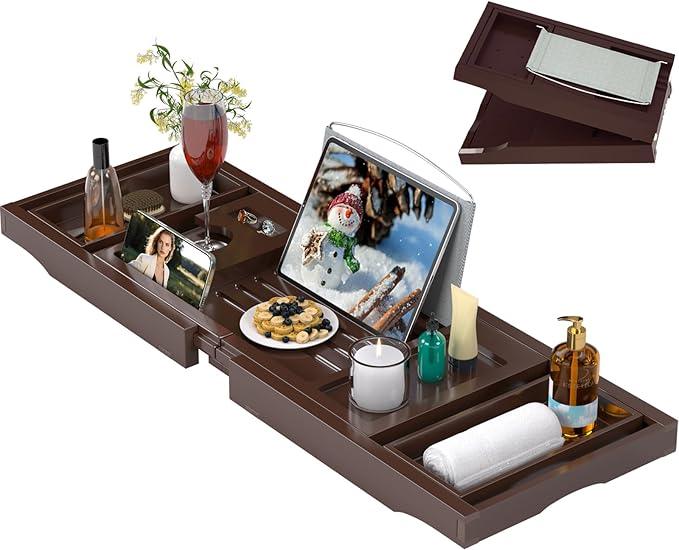 Bathtub Caddy Tray for Tub,Foldable Bath Table Trays,Bamboo Shelf with Book and Wine Glass Holder,Bathroom Accessories Suitable for Luxury Spa or Reading,Brown - ModernBath